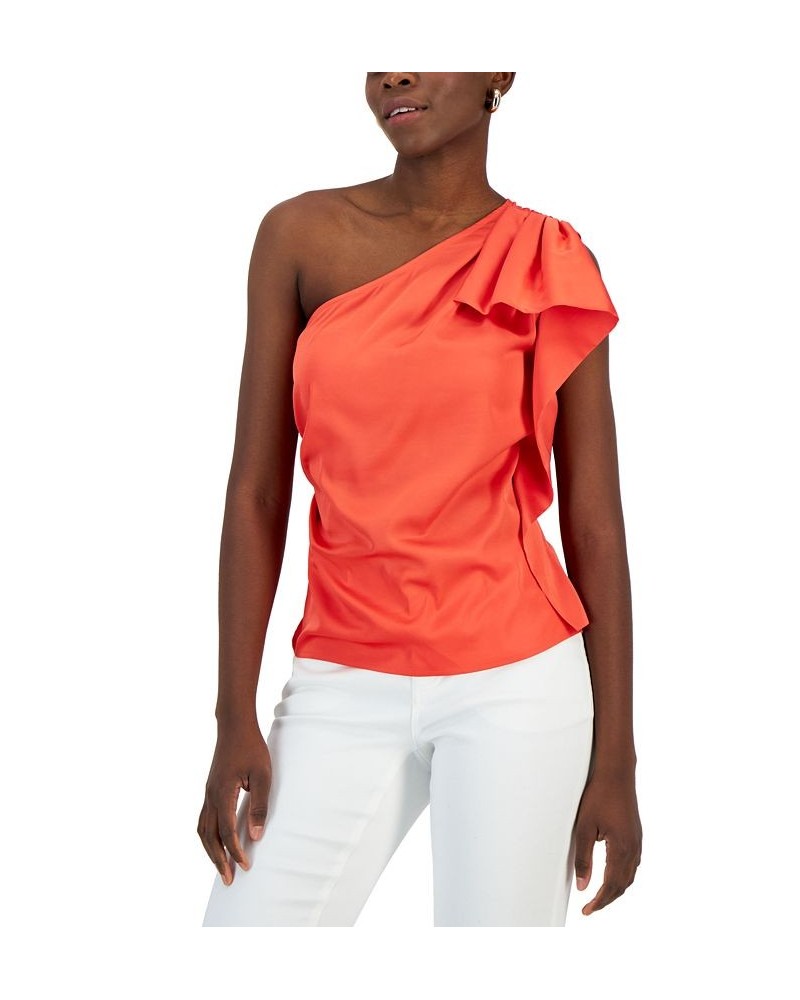 Women's One-Shoulder Ruffled Top Orange $16.68 Tops