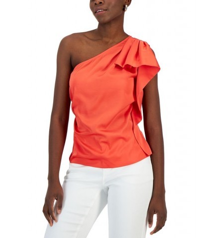 Women's One-Shoulder Ruffled Top Orange $16.68 Tops