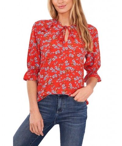 Women's Tie Neck Floral Print Blouse Poppy Red $40.94 Tops