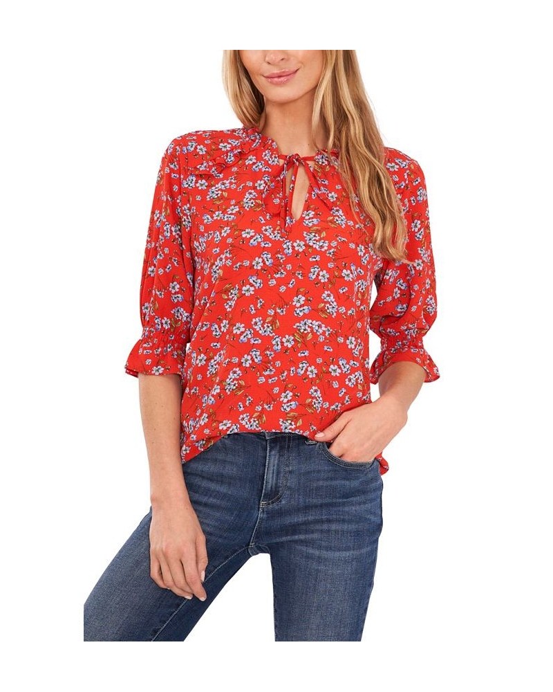 Women's Tie Neck Floral Print Blouse Poppy Red $40.94 Tops