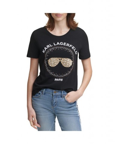 Women's Sequin Sunglasses Tee Black $26.18 Tops