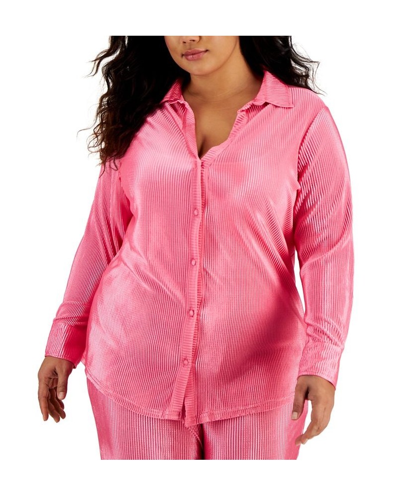 Trendy Plus Size Micro-Pleat Button-Front Top Pink $13.57 Tops