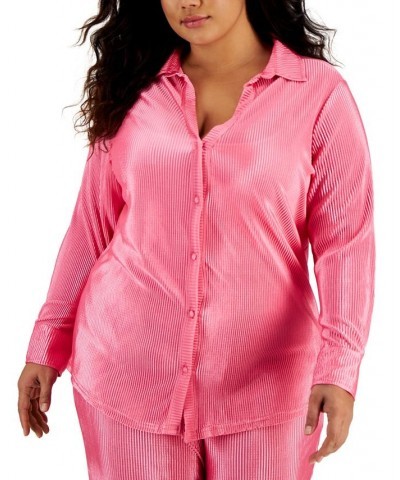 Trendy Plus Size Micro-Pleat Button-Front Top Pink $13.57 Tops