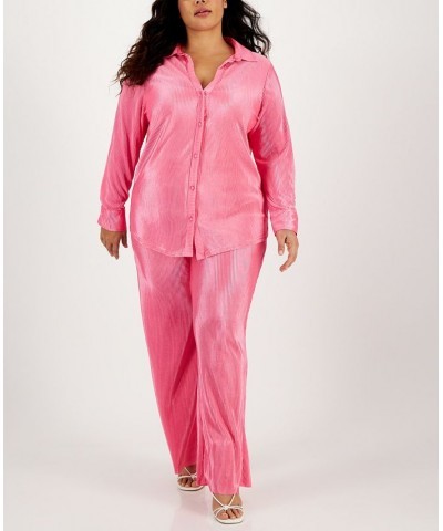 Trendy Plus Size Micro-Pleat Button-Front Top Pink $13.57 Tops