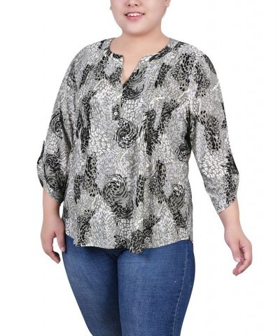 Plus Size 3/4 Roll Tab Pullover Top Shadow Black Animal $14.31 Tops