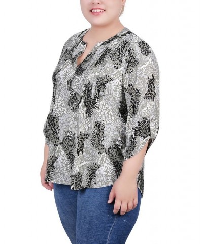 Plus Size 3/4 Roll Tab Pullover Top Shadow Black Animal $14.31 Tops