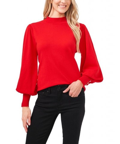 Women's Mock Neck Sweater with Rhinestone-Cuff Luminous Red $32.72 Sweaters