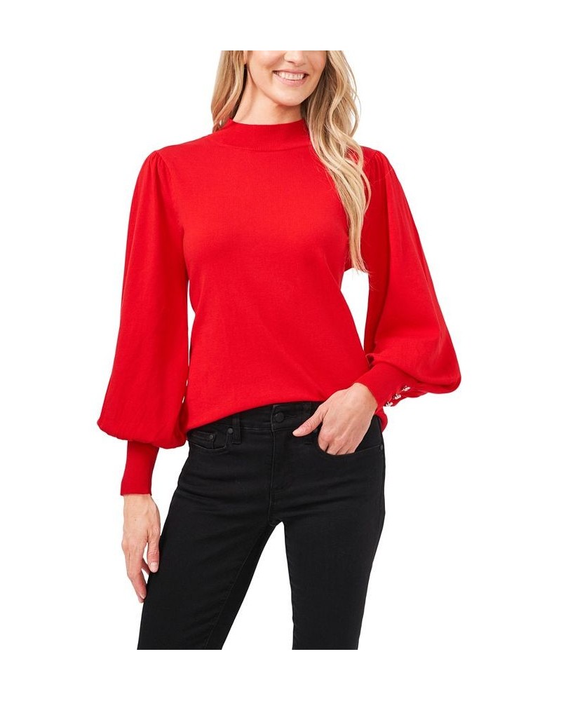 Women's Mock Neck Sweater with Rhinestone-Cuff Luminous Red $32.72 Sweaters