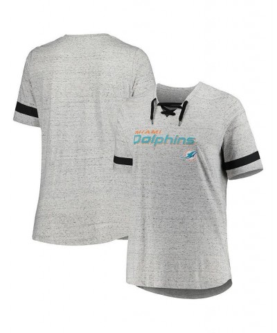 Women's Heather Gray Miami Dolphins Plus Size Lace-Up V-Neck T-shirt Heather Gray $28.49 Tops