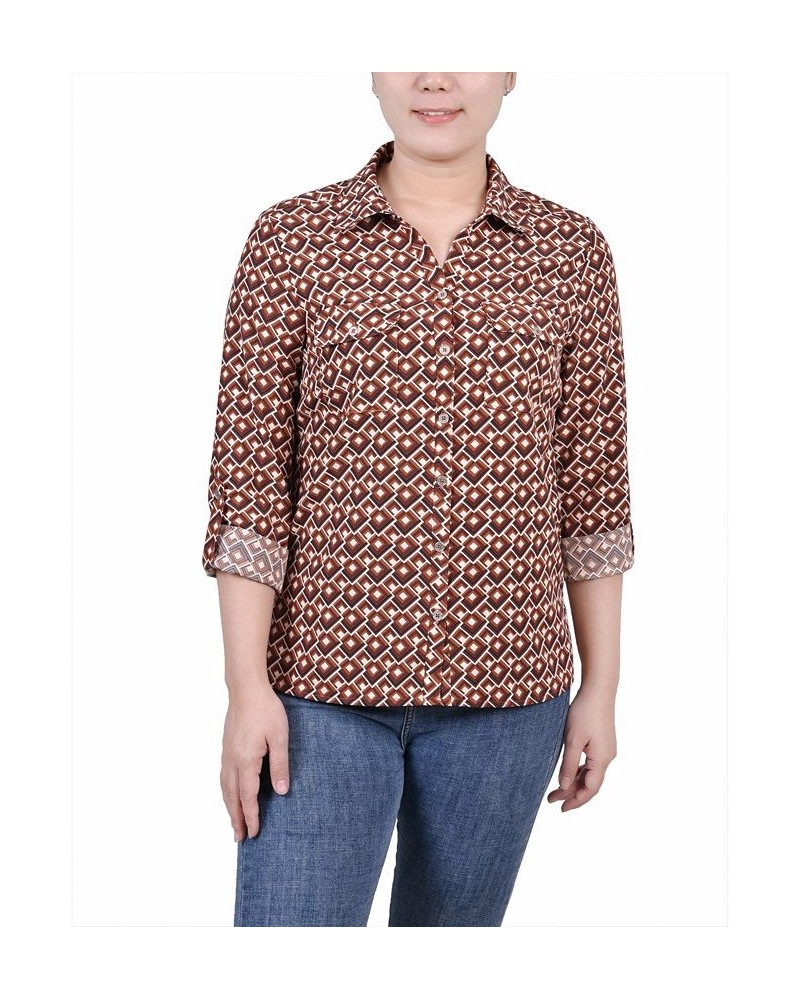 Women's 3/4 Roll Tab Shirt with Pockets Golden-Tone Jaycee $16.32 Tops