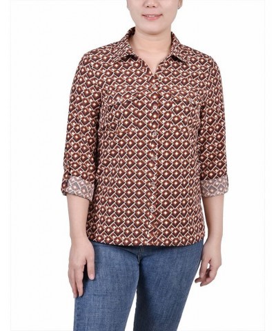 Women's 3/4 Roll Tab Shirt with Pockets Golden-Tone Jaycee $16.32 Tops