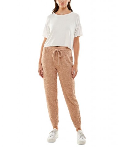 Juniors' High-Rise Drawstring-Waist Teddy Joggers Tan/Beige $10.93 Pants