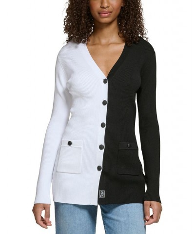 Women's Logo-Accent Colorblock Cardigan Black/ White $59.75 Sweaters