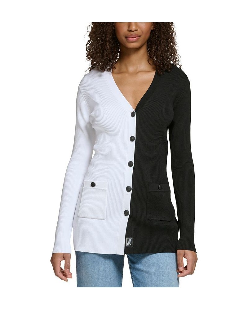 Women's Logo-Accent Colorblock Cardigan Black/ White $59.75 Sweaters