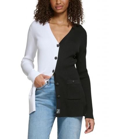 Women's Logo-Accent Colorblock Cardigan Black/ White $59.75 Sweaters