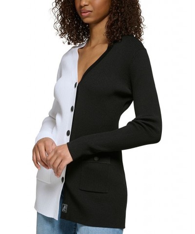 Women's Logo-Accent Colorblock Cardigan Black/ White $59.75 Sweaters