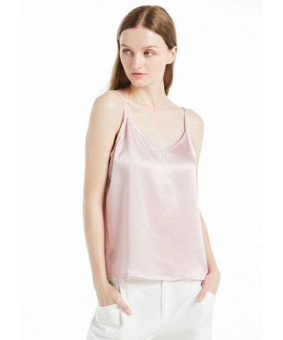 Women's V Neckline Silk Camisole with Spaghetti Straps Rosy Pink $42.61 Tops