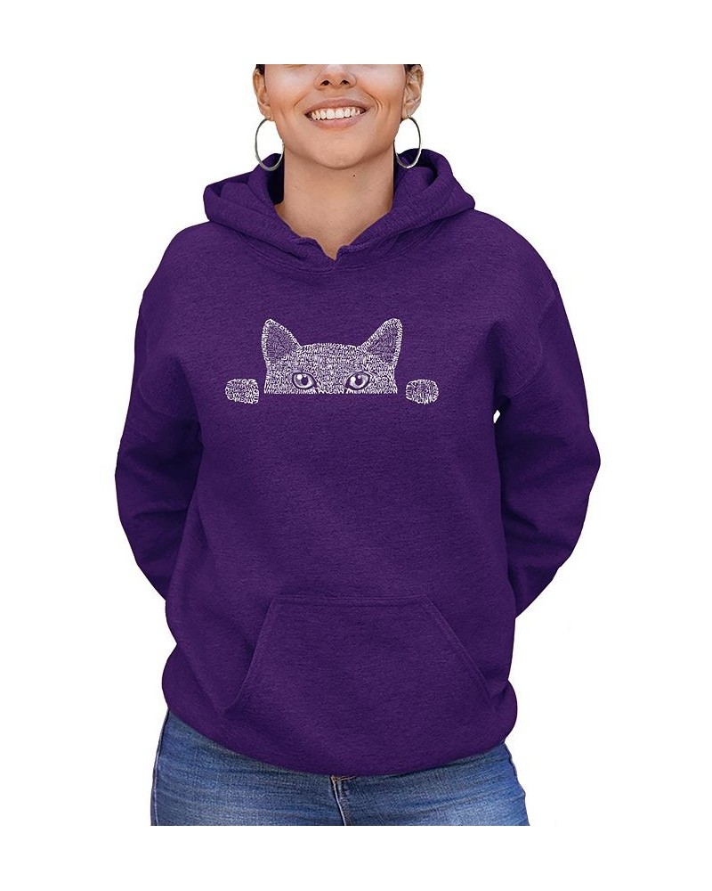 Women's Word Art Peeking Cat Hooded Sweatshirt Purple $31.79 Sweatshirts