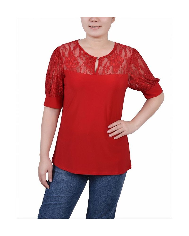 Women's Short Puff Sleeve Top with Lace Sleeves and Yoke Red $17.05 Tops