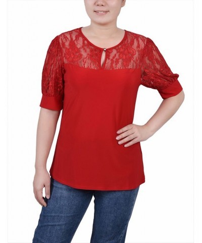 Women's Short Puff Sleeve Top with Lace Sleeves and Yoke Red $17.05 Tops