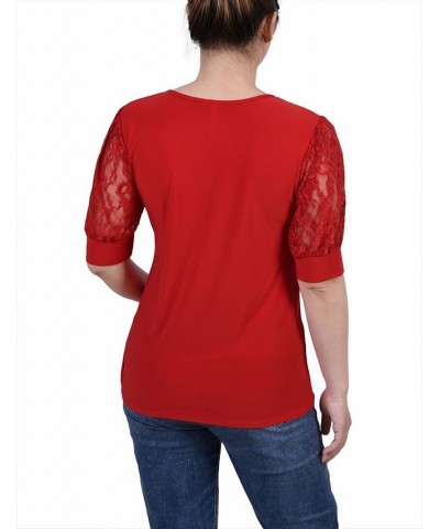 Women's Short Puff Sleeve Top with Lace Sleeves and Yoke Red $17.05 Tops