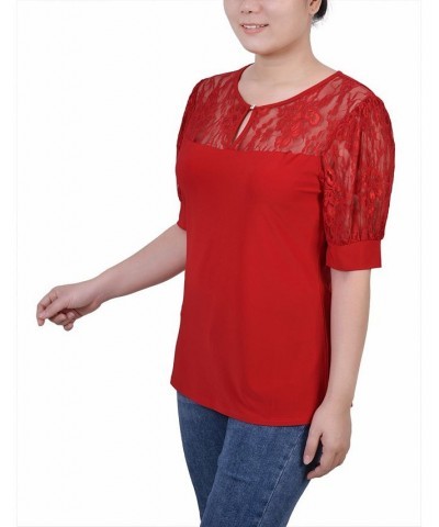 Women's Short Puff Sleeve Top with Lace Sleeves and Yoke Red $17.05 Tops