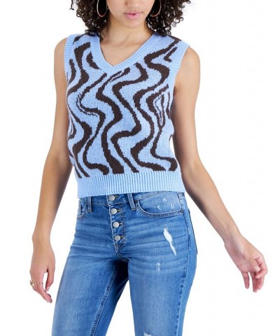 Juniors' Retro Printed V-neck Sweater Vest Blue $11.64 Sweaters