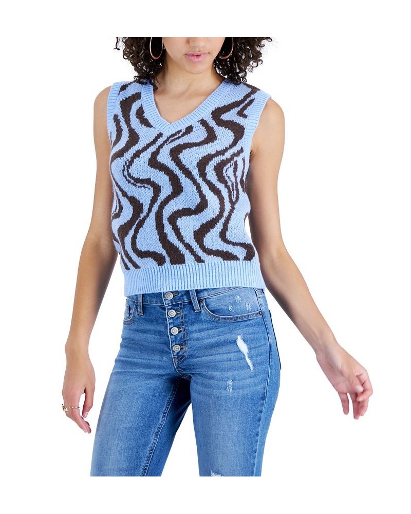 Juniors' Retro Printed V-neck Sweater Vest Blue $11.64 Sweaters