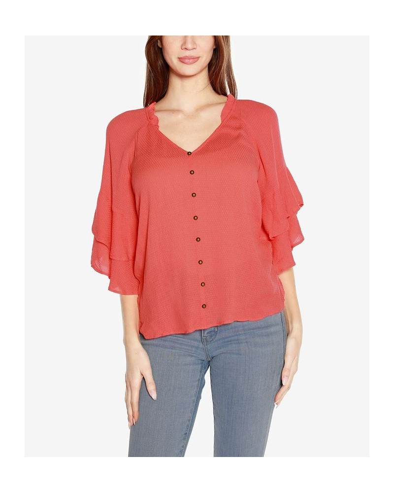 Black Label Women's Ruffle Sleeve Button Front Top Pink $34.65 Tops