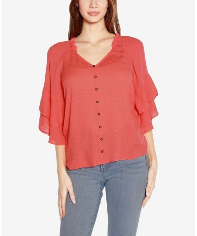 Black Label Women's Ruffle Sleeve Button Front Top Pink $34.65 Tops