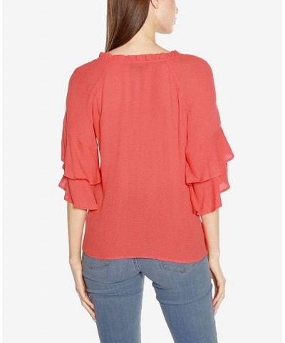 Black Label Women's Ruffle Sleeve Button Front Top Pink $34.65 Tops