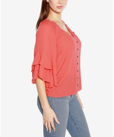 Black Label Women's Ruffle Sleeve Button Front Top Pink $34.65 Tops