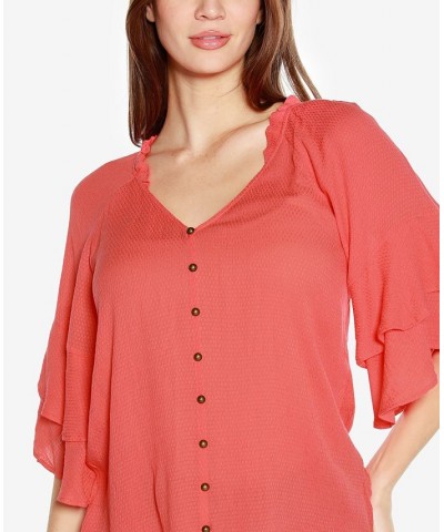 Black Label Women's Ruffle Sleeve Button Front Top Pink $34.65 Tops