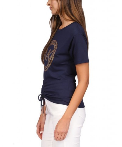 Women's Printed-Logo Ruched-Front Top Blue $46.64 Tops