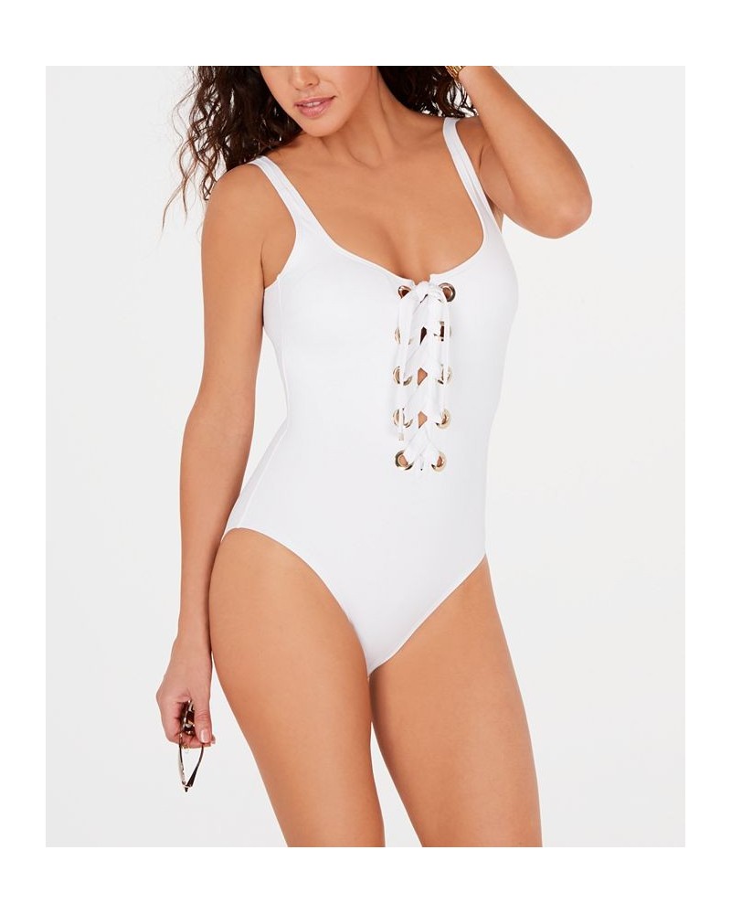 Lace-Up One-Piece Swimsuit White $62.56 Swimsuits