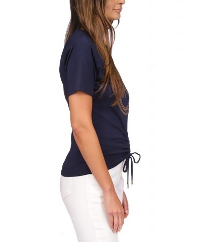 Women's Printed-Logo Ruched-Front Top Blue $46.64 Tops