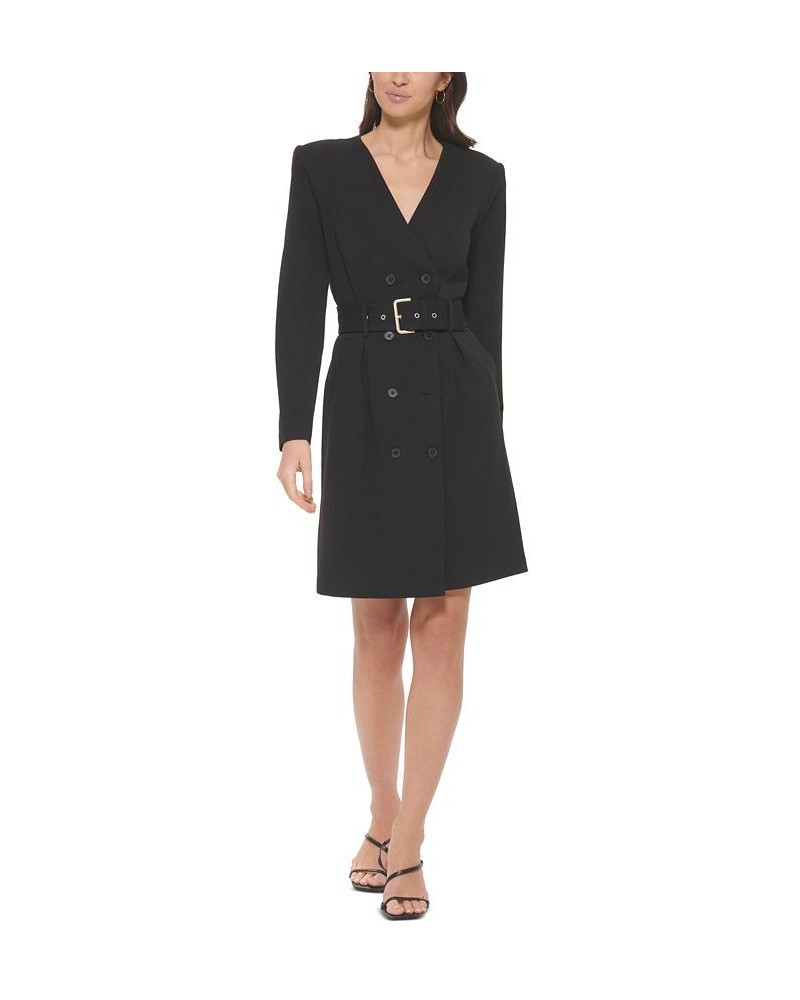 Women's Belted Double-Breasted Blazer Wrap Dress Black $65.19 Dresses