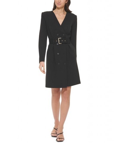 Women's Belted Double-Breasted Blazer Wrap Dress Black $65.19 Dresses