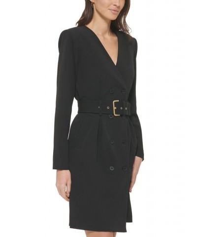 Women's Belted Double-Breasted Blazer Wrap Dress Black $65.19 Dresses