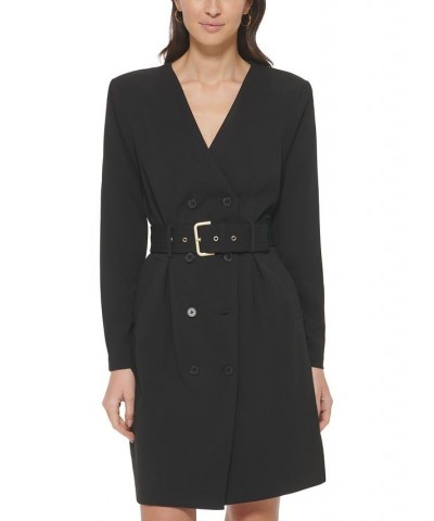 Women's Belted Double-Breasted Blazer Wrap Dress Black $65.19 Dresses