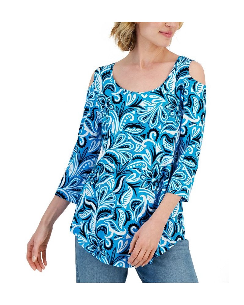 Petite Batik Dance Cold-Shoulder Top Electirc Sea Combo $12.29 Tops