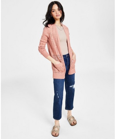 Juniors' Pointelle Open-Front Long-Sleeve Cardigan Pink $17.60 Sweaters