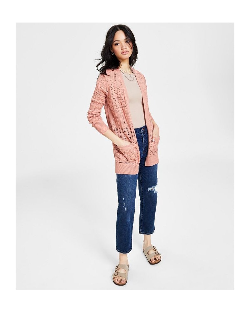 Juniors' Pointelle Open-Front Long-Sleeve Cardigan Pink $17.60 Sweaters