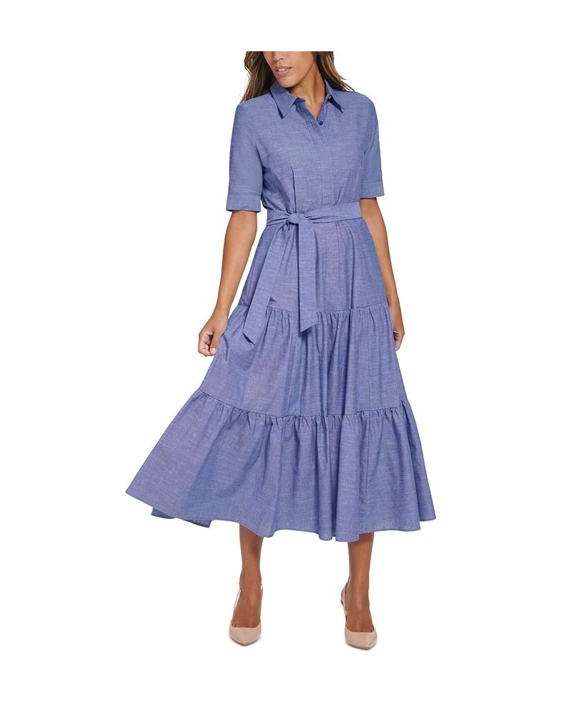 Women's Cotton Denim Tiered Shirtdress Dark Denim $60.42 Dresses