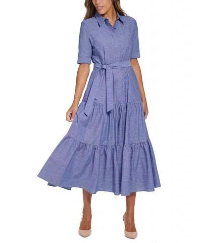 Women's Cotton Denim Tiered Shirtdress Dark Denim $60.42 Dresses