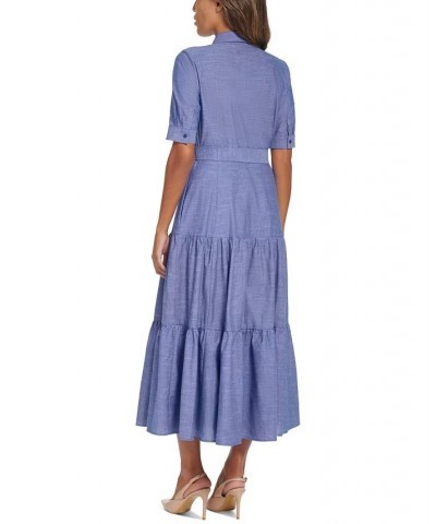 Women's Cotton Denim Tiered Shirtdress Dark Denim $60.42 Dresses