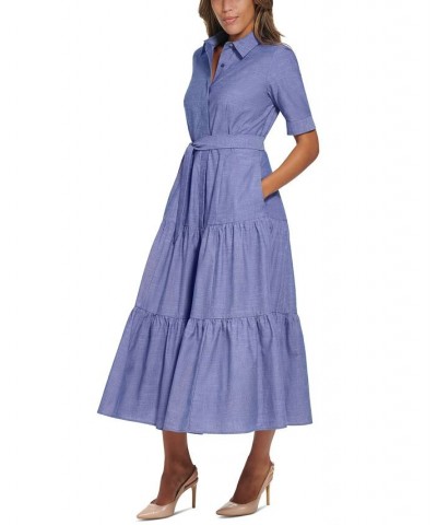 Women's Cotton Denim Tiered Shirtdress Dark Denim $60.42 Dresses