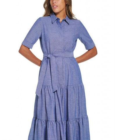 Women's Cotton Denim Tiered Shirtdress Dark Denim $60.42 Dresses