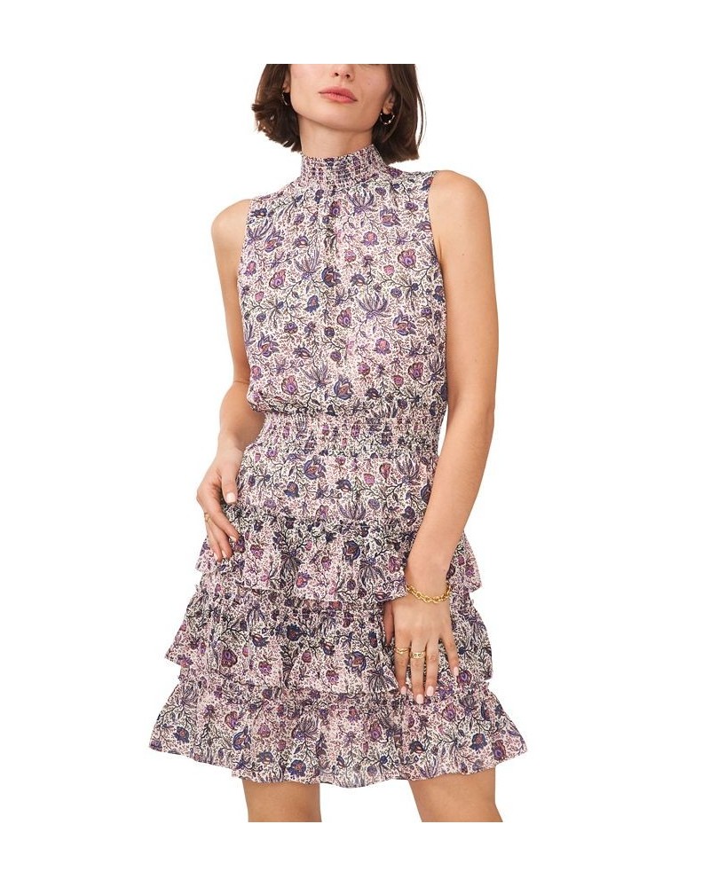 Women's Printed Sleeveless Smocked Neck Dress Twilight Purple $25.25 Dresses