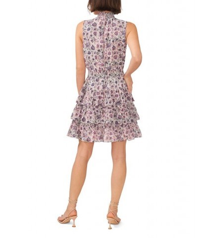 Women's Printed Sleeveless Smocked Neck Dress Twilight Purple $25.25 Dresses